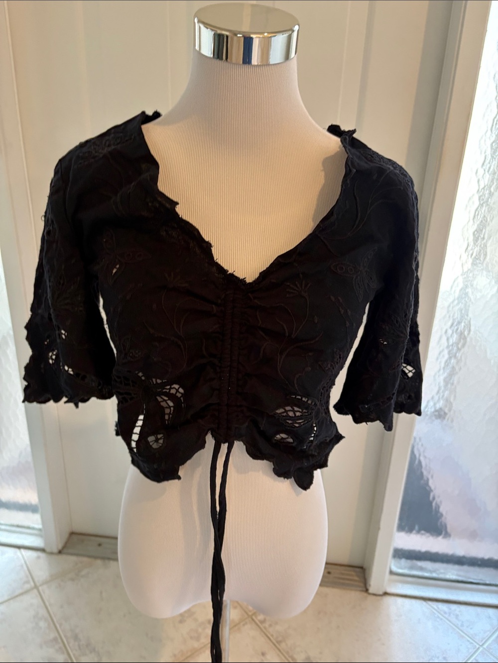 MOTHER Black Eyelet Lace-Up Crop Top